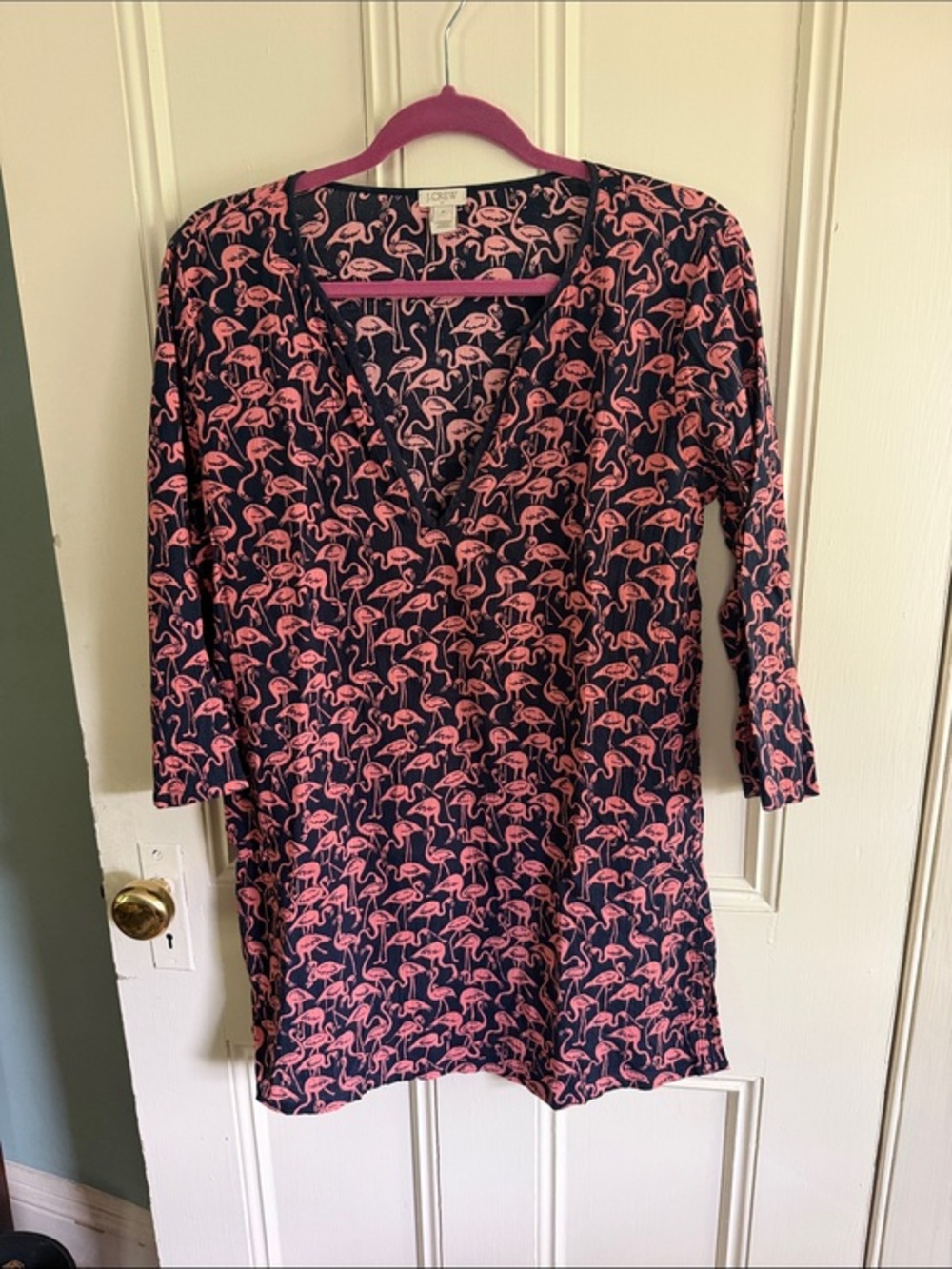 J. Crew Navy V-Neck Tunic with Pink Flamingo Pattern